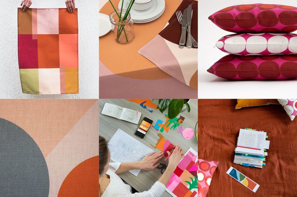 Colour montage of textiles and cushions in terracotta and pink by Charlotte Cropper