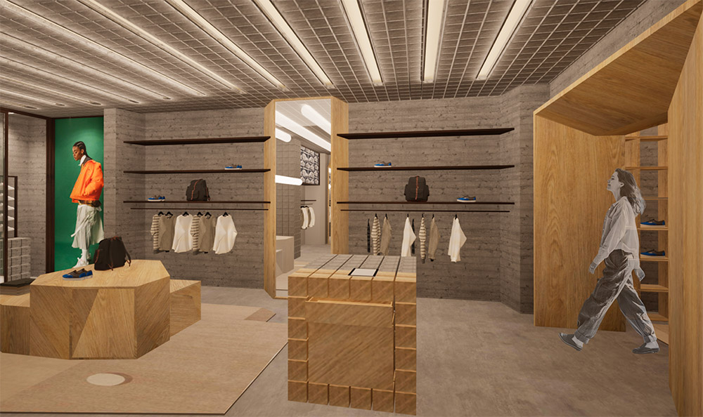 Vans retail interior render with timber ceiling and displays, Diploma of Interior Design